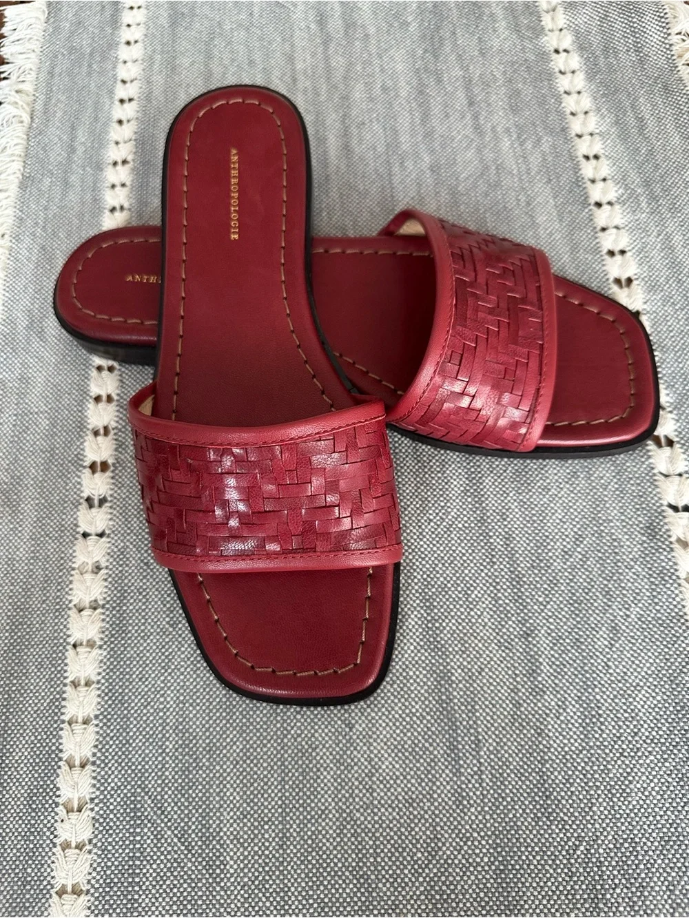 Anthropologie Red Woven Slide Sandals